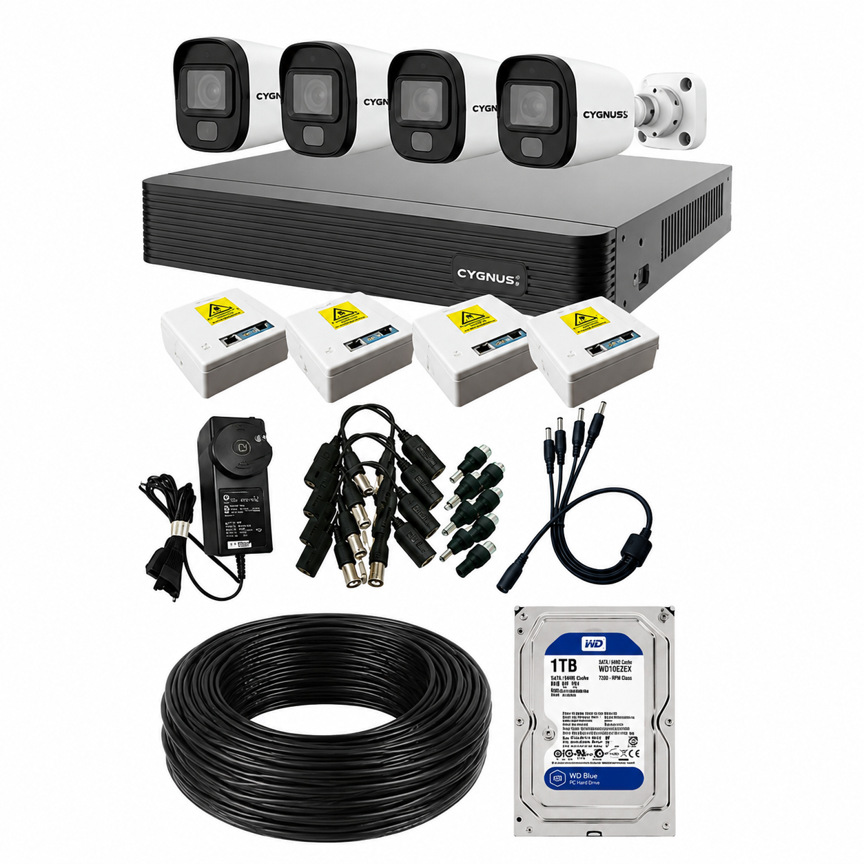 Kit de 4 Camaras Cygnus 2mp Bullet + Cable UTP + SSD 240