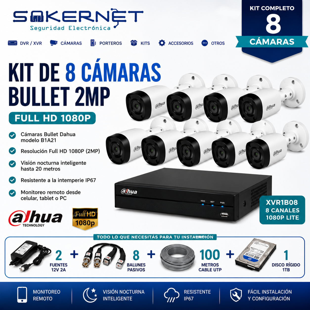 Kit de 8 Camaras 2mp Bullet + Cable UTP + SSD