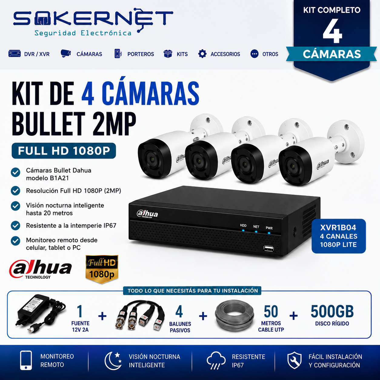 Kit de 4 Cámaras  2mp Bullet+ Cable UTP + disco
