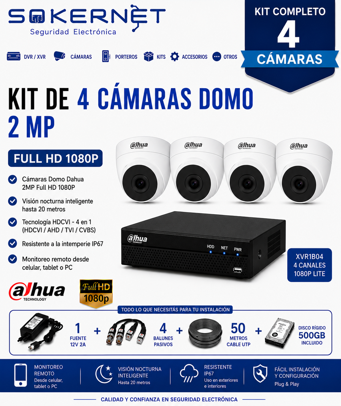 Kit de 4 Camaras 2mp Domo Interior + Cable UTP + SSD