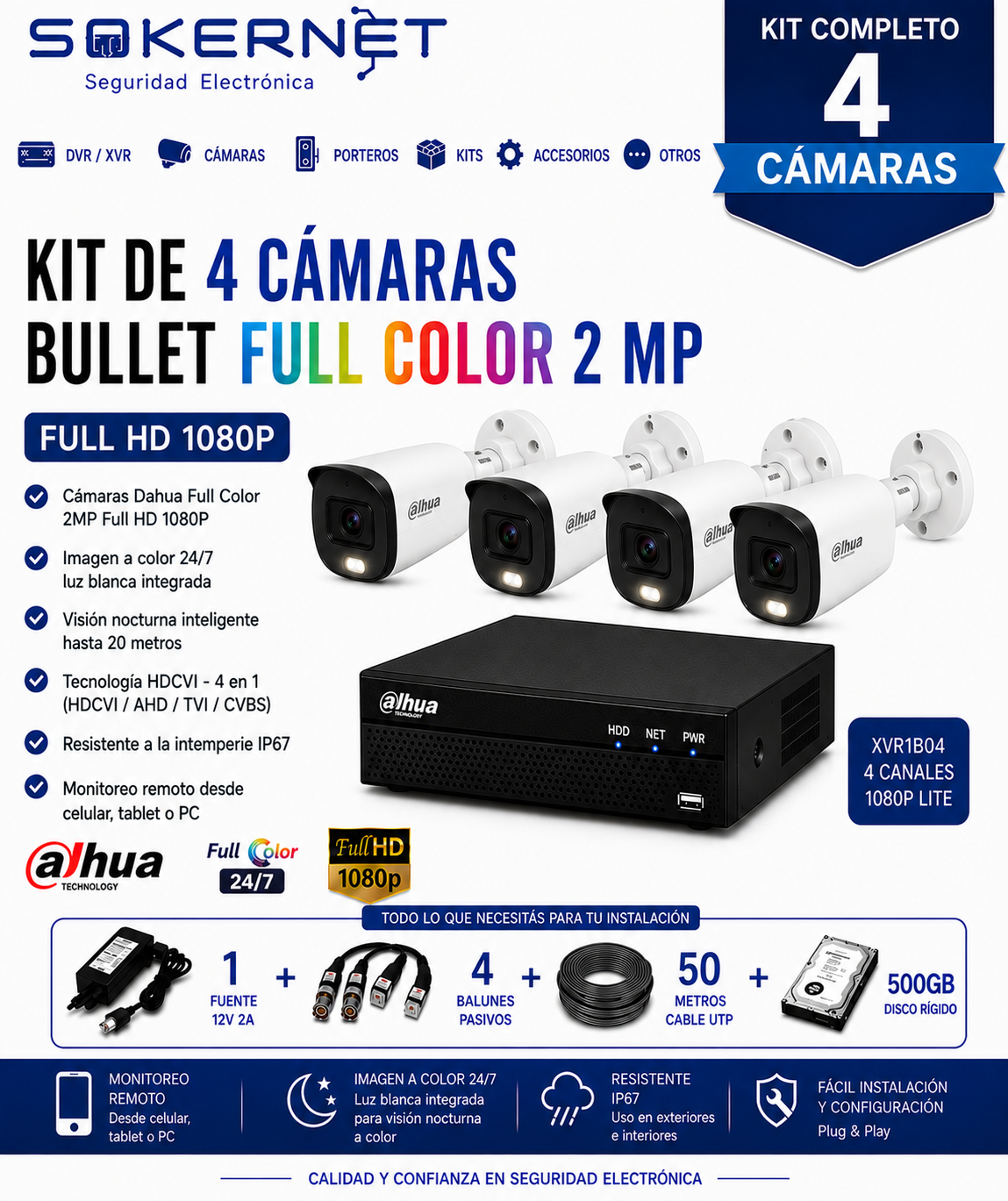 Kit de 4 Camaras 2mp Full Color + Cable UTP + SSD